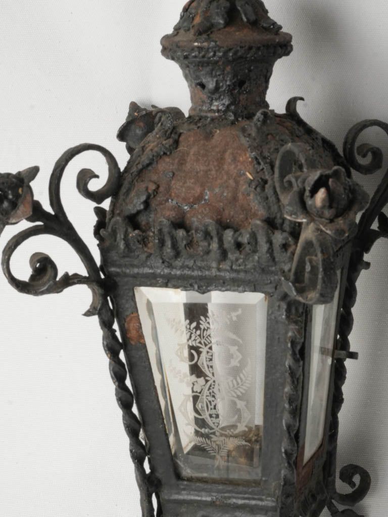 18th Century French Wrought Iron Processional Lantern w/ Rustic Patina - 22"