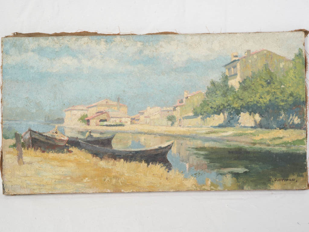 Early 20th-Century Oil on Canvas of Boats Along a Sunlit Canal - 15" x 28¾"