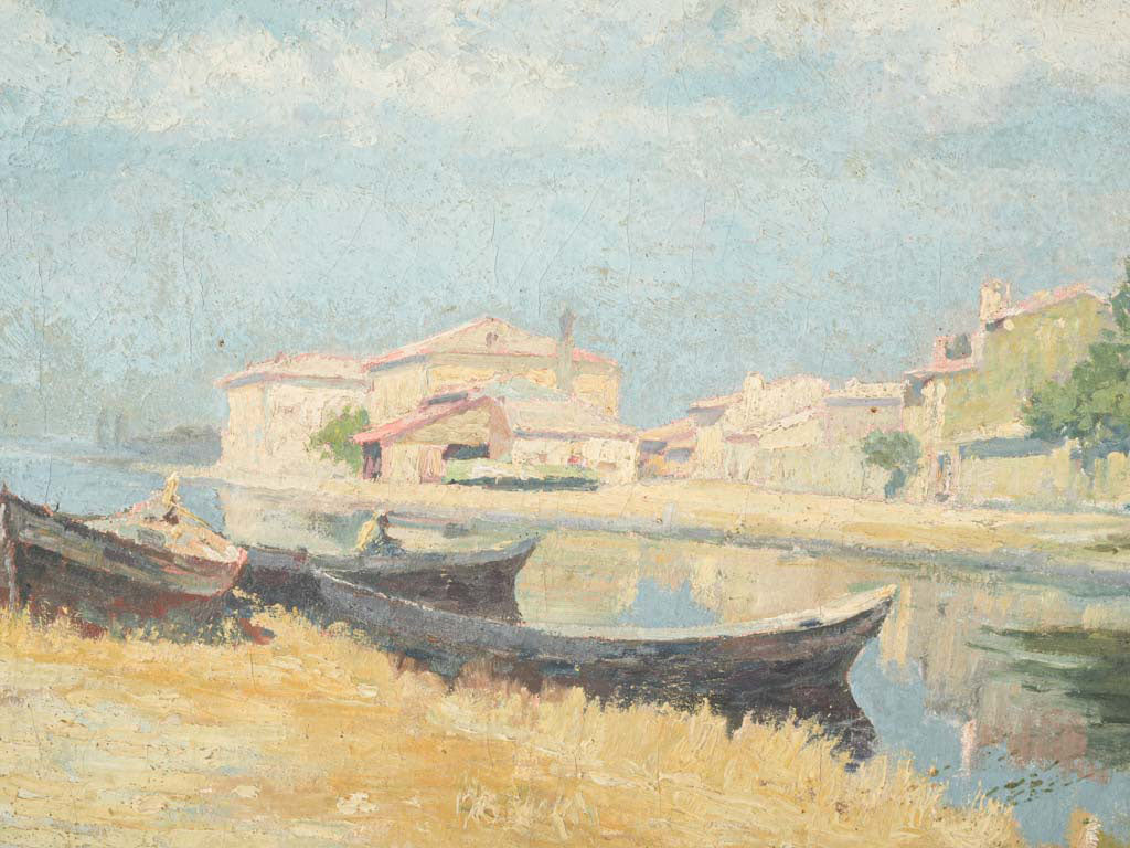 Early 20th-Century Oil on Canvas of Boats Along a Sunlit Canal - 15" x 28¾"