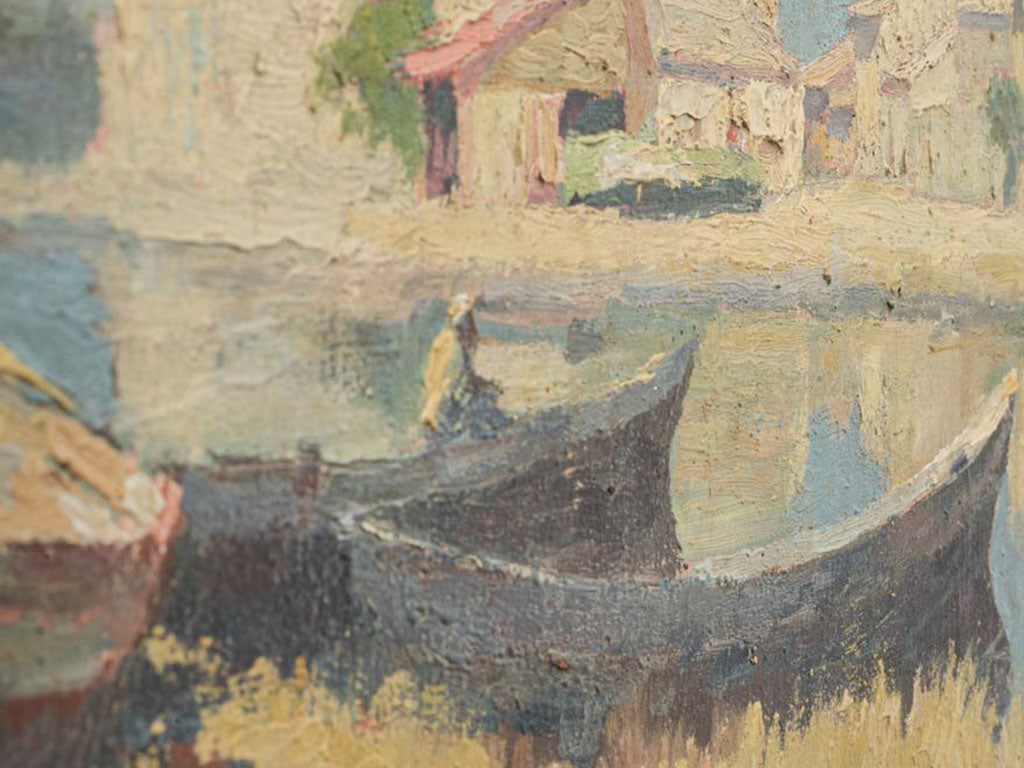 Early 20th-Century Oil on Canvas of Boats Along a Sunlit Canal - 15" x 28¾"