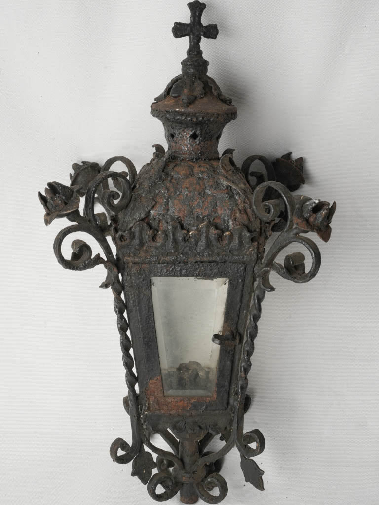 18th Century French Wrought Iron Processional Lantern w/ Rustic Patina - 22"