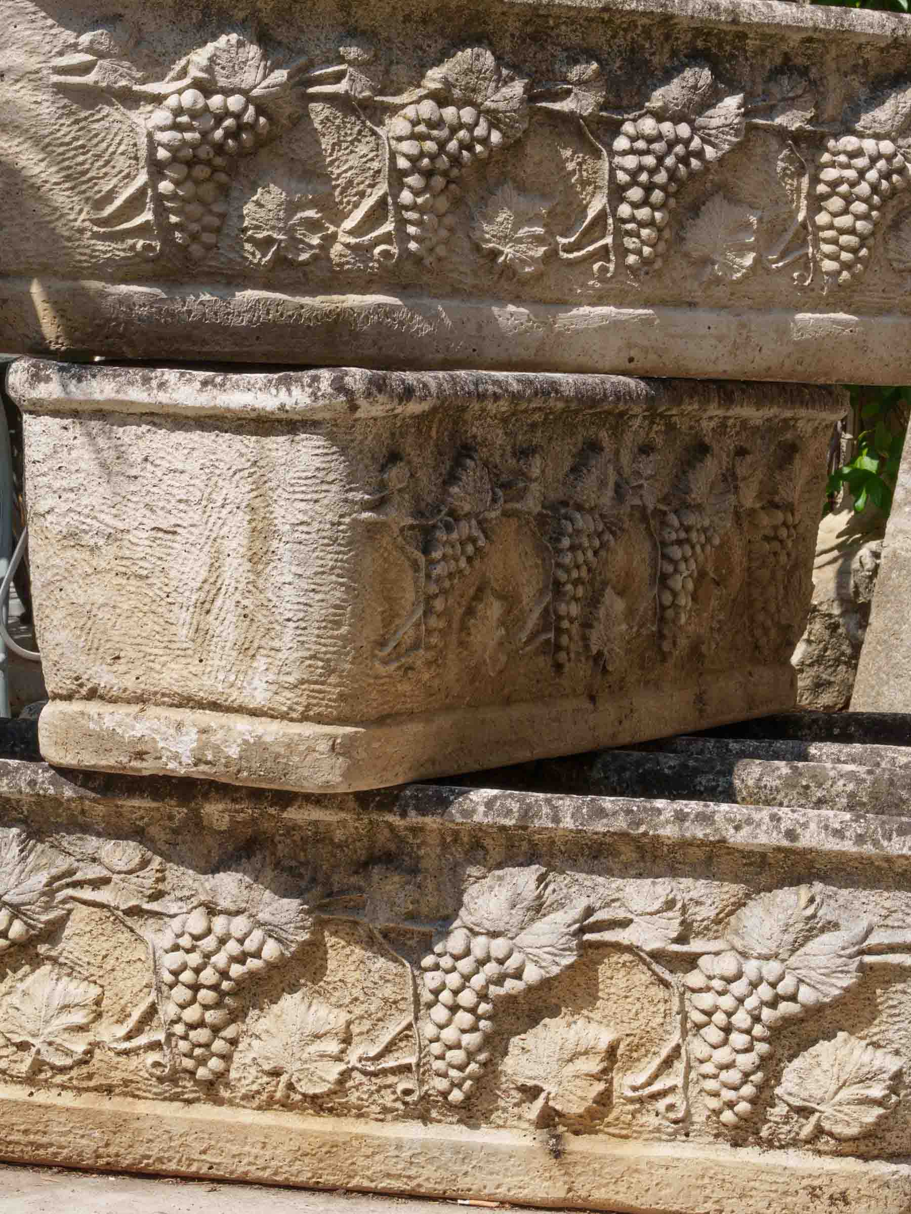 Set of Four Substantial French Reconstituted Stone Garden Planters w/ Vine Motif, c.1950s -37"