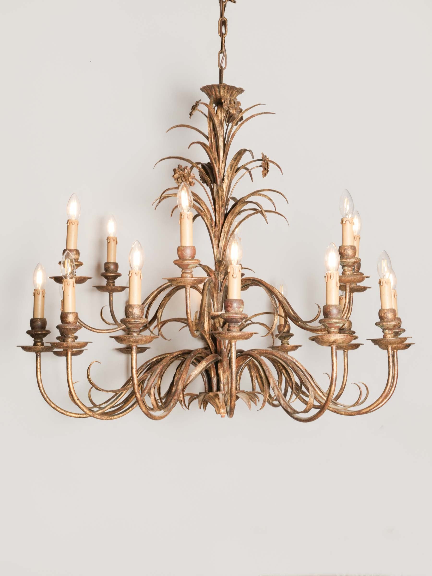 Impressive Hollywood Regency 18-Light Gilt Metal Palm Frond Chandelier, circa 1970 - 38¼" x 42¼"