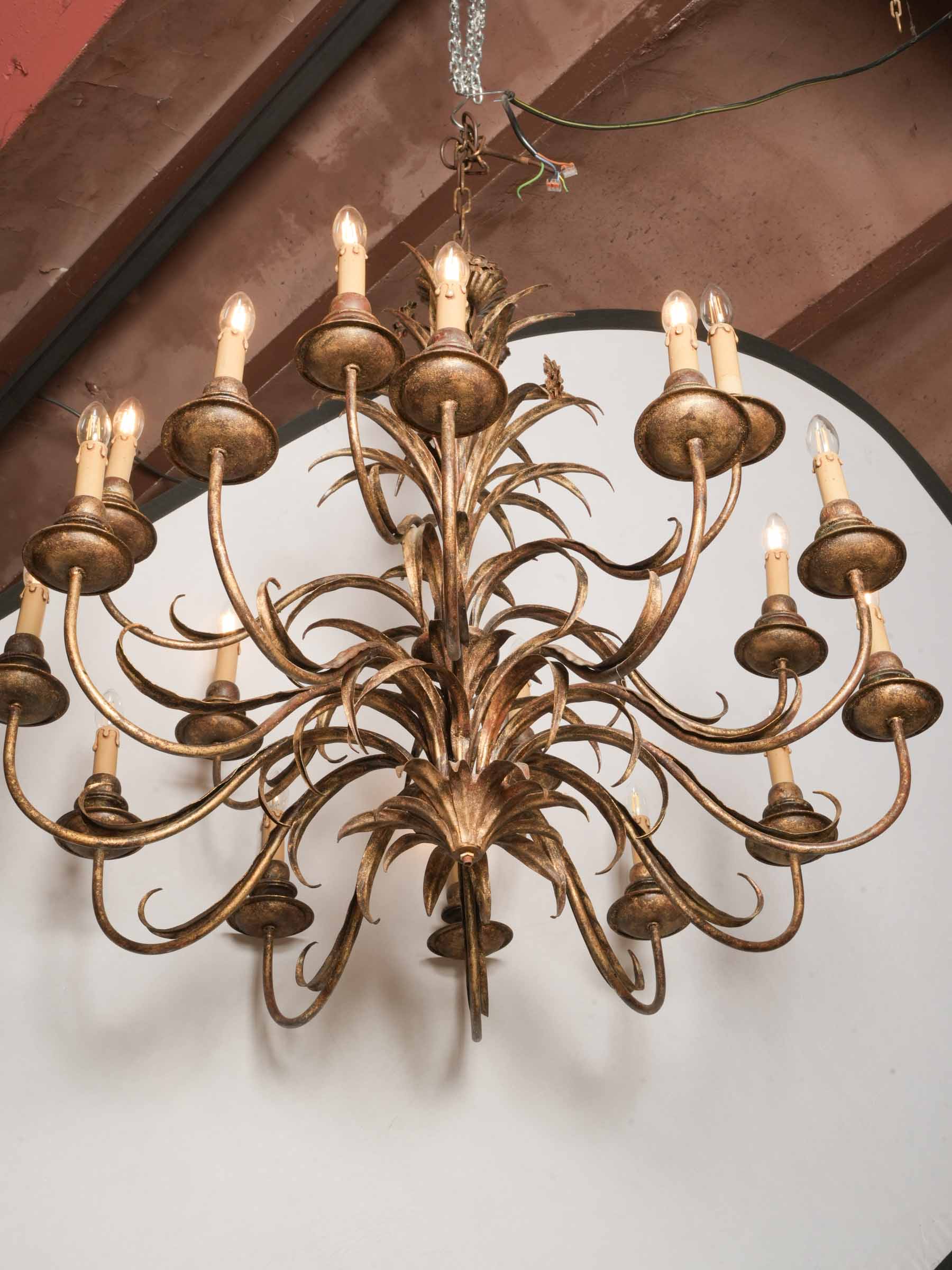 Impressive Hollywood Regency 18-Light Gilt Metal Palm Frond Chandelier, circa 1970 - 38¼" x 42¼"