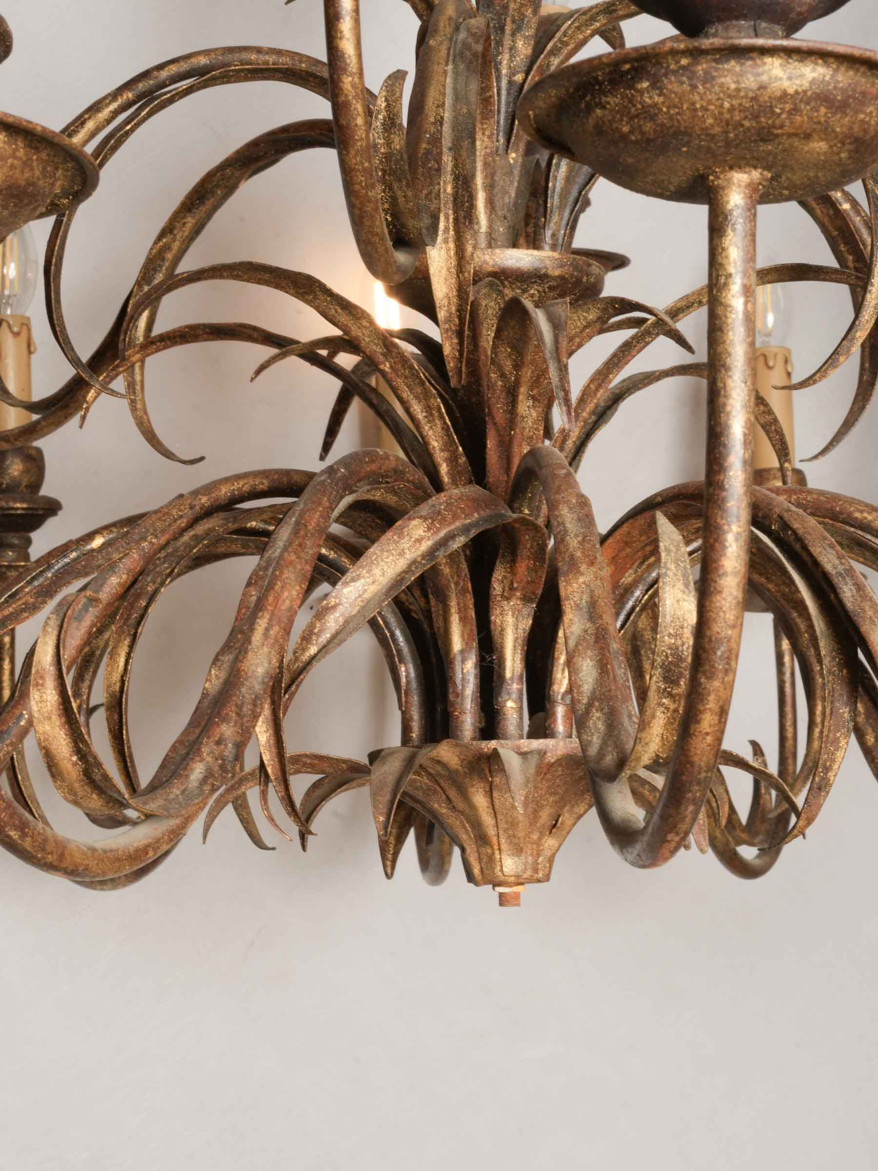 Impressive Hollywood Regency 18-Light Gilt Metal Palm Frond Chandelier, circa 1970 - 38¼" x 42¼"