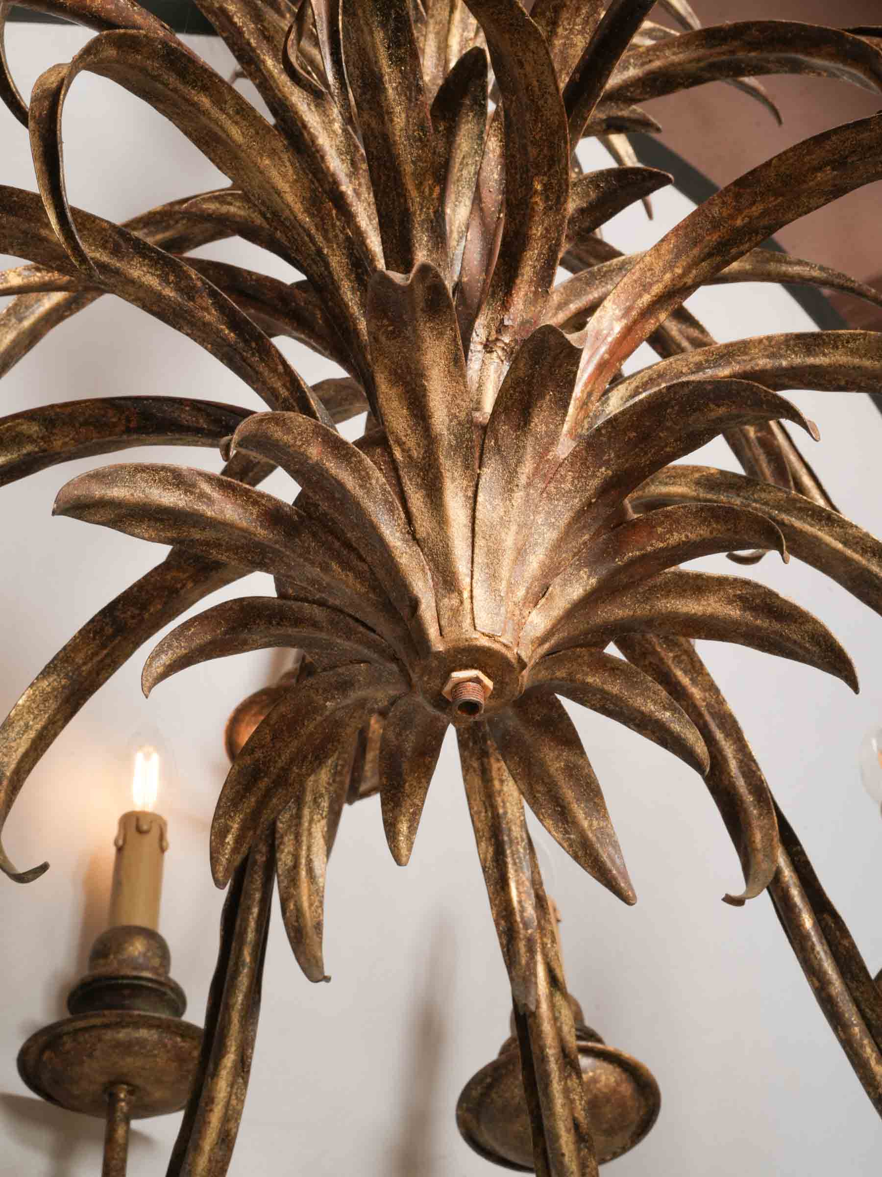 Impressive Hollywood Regency 18-Light Gilt Metal Palm Frond Chandelier, circa 1970 - 38¼" x 42¼"