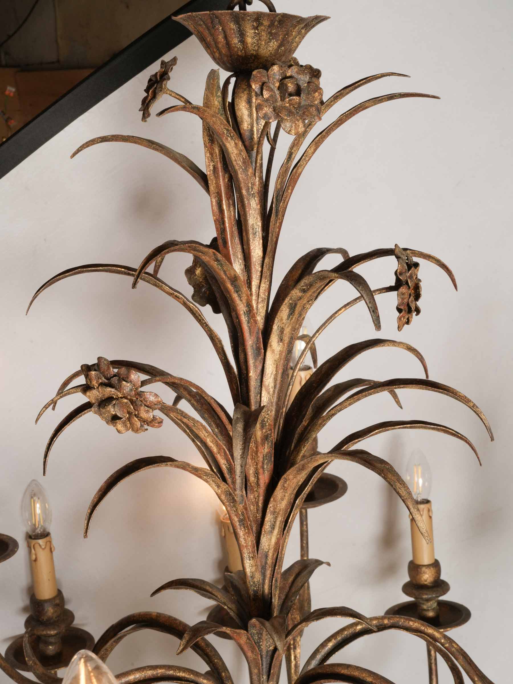 Impressive Hollywood Regency 18-Light Gilt Metal Palm Frond Chandelier, circa 1970 - 38¼" x 42¼"