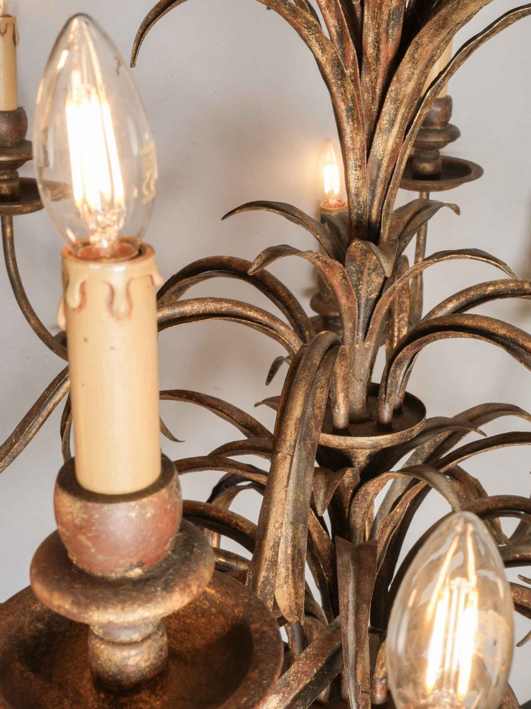 Impressive Hollywood Regency 18-Light Gilt Metal Palm Frond Chandelier, circa 1970 - 38¼" x 42¼"