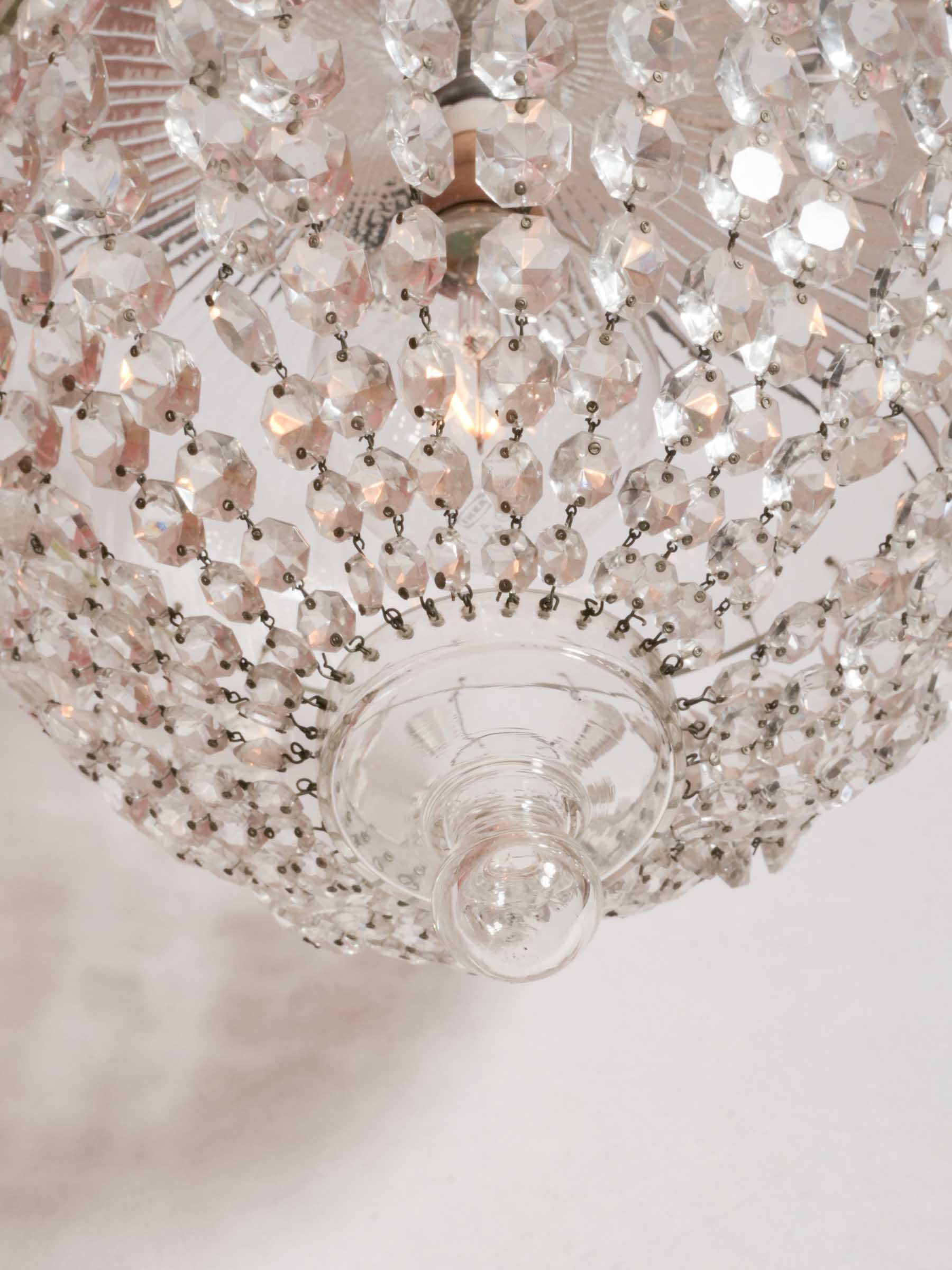 Sparkling French Basket-Form Glass Pendant, Early-Mid 20th Century – 18"