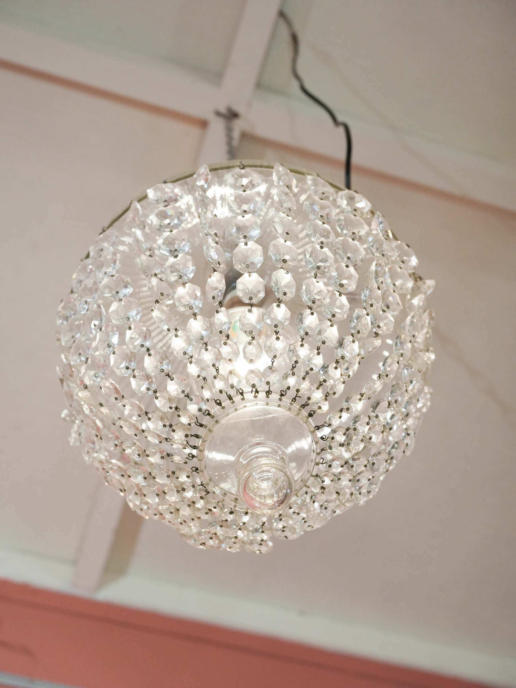 Sparkling French Basket-Form Glass Pendant, Early-Mid 20th Century – 18"