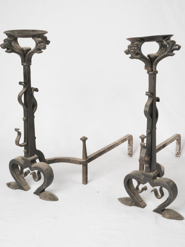 Antique wrought iron firedogs chimera