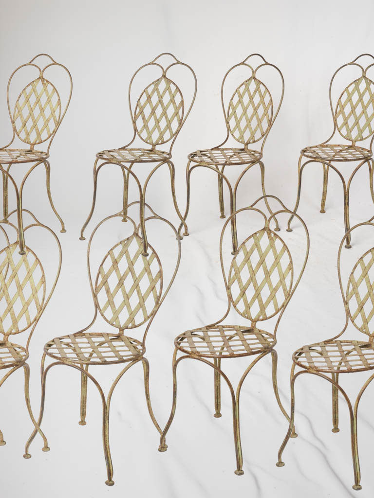 Set of Eight Late 20th Century Wrought Iron Garden Chairs w/ Green Patina - 35¾"