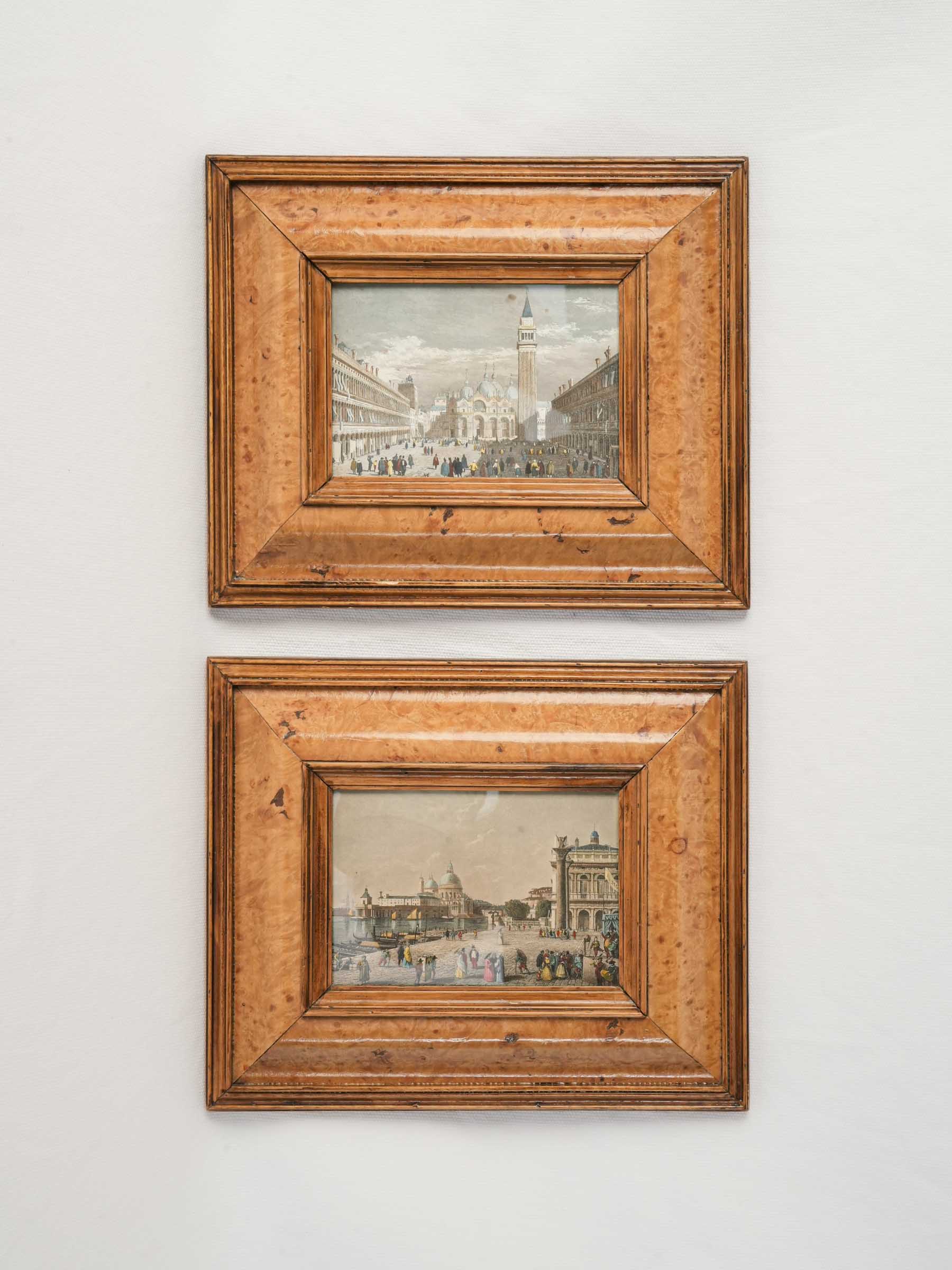 Pair of Grand Tour Venetian Engravings in Burr Walnut Frames - 8¾" x 10¼"