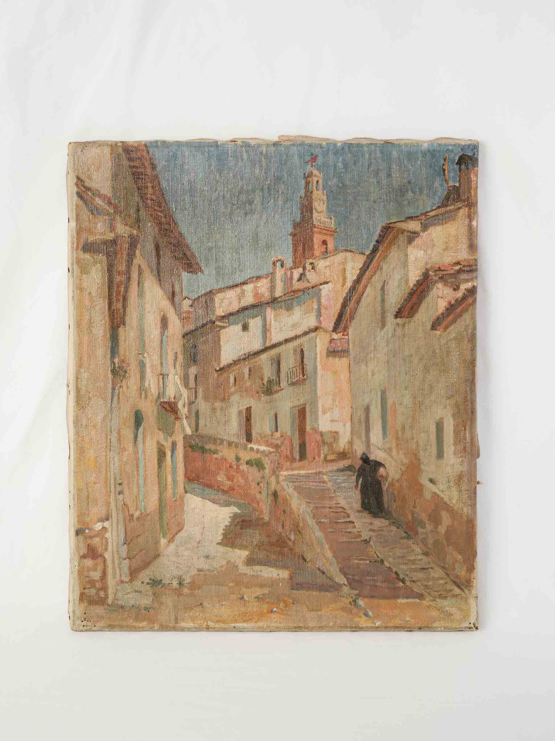 Southern French Village Street Scene - Early 20th-Century Oil on Canvas - 21¾" x 18"