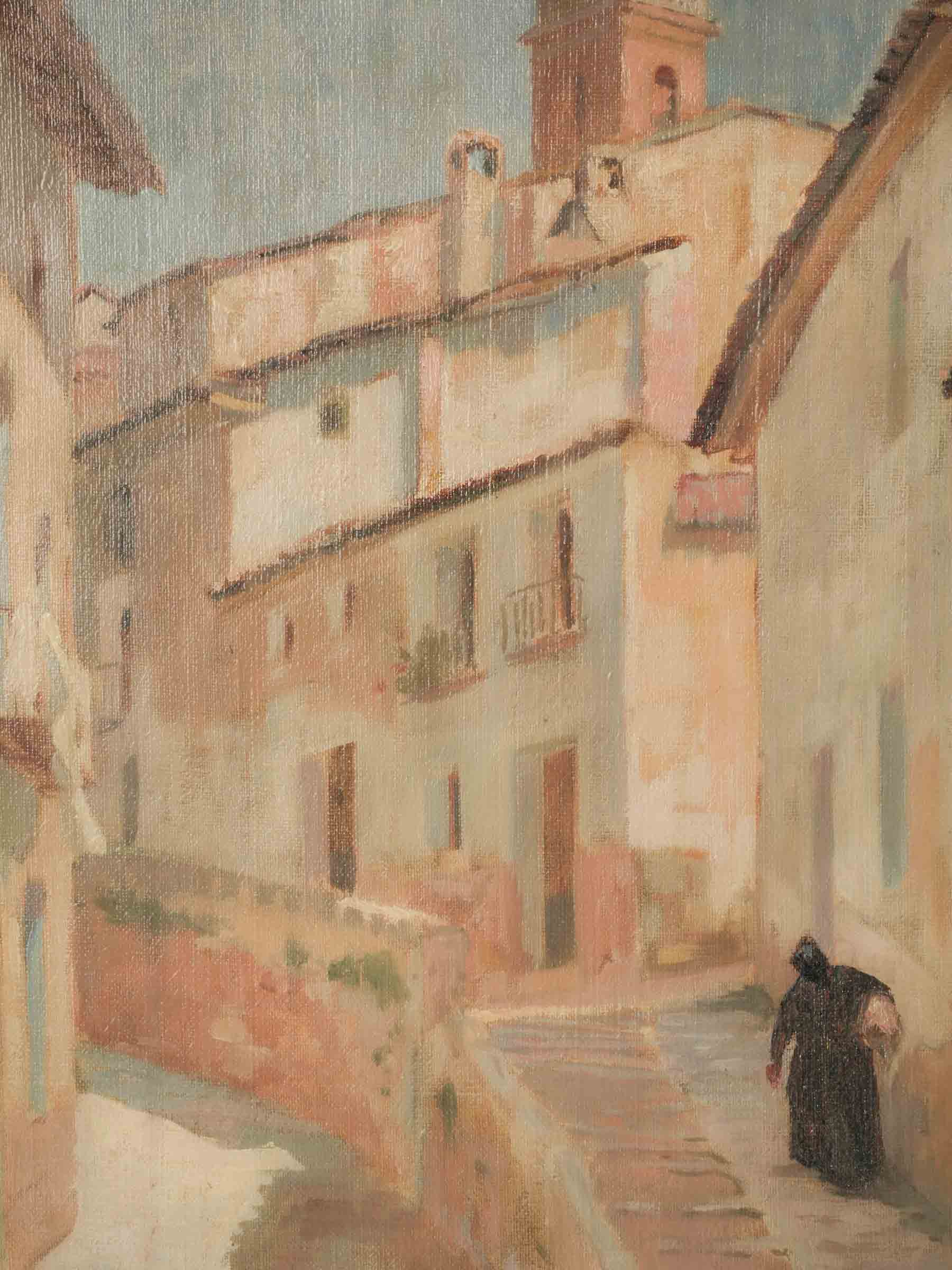 Southern French Village Street Scene - Early 20th-Century Oil on Canvas - 21¾" x 18"