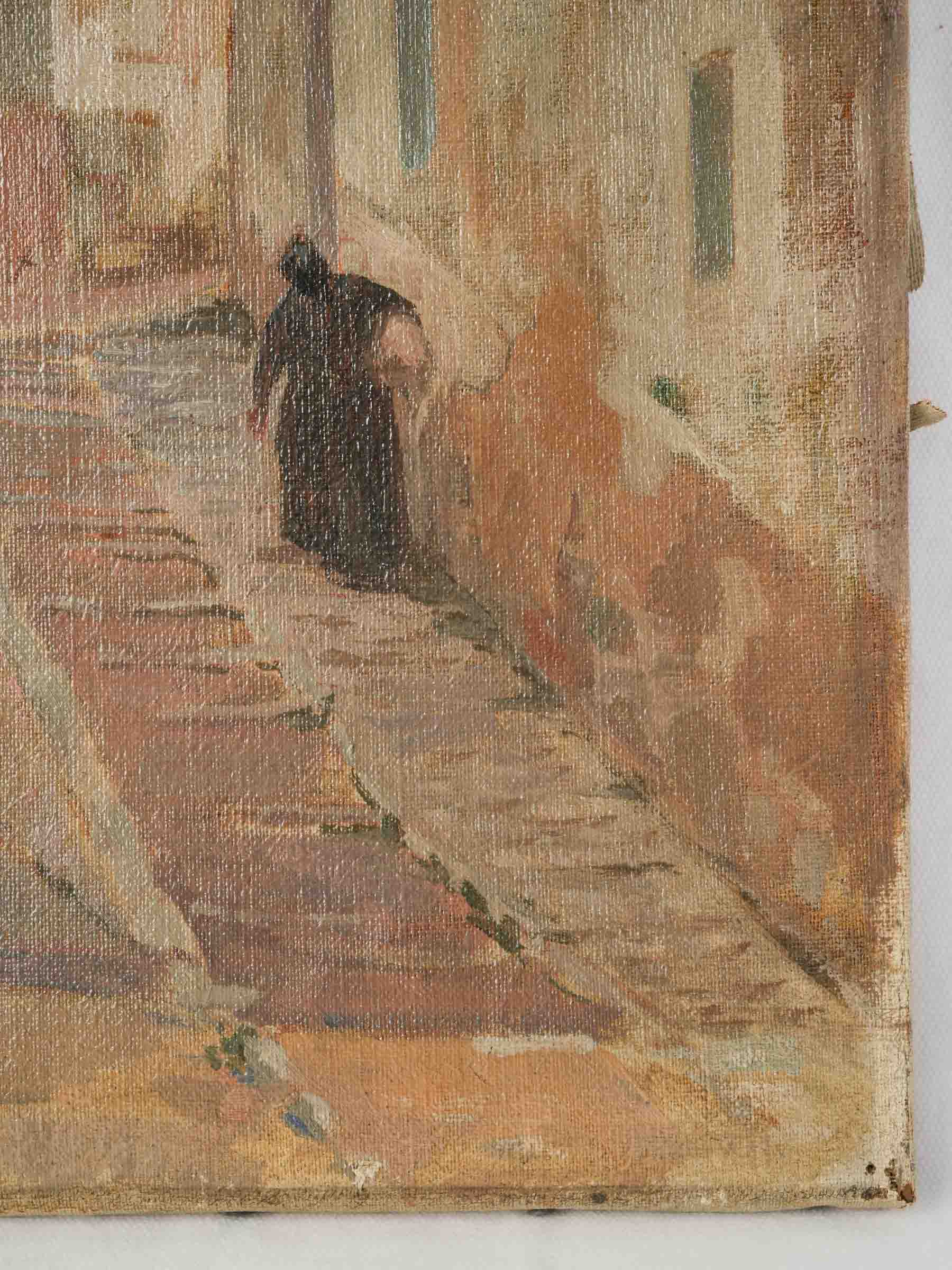 Southern French Village Street Scene - Early 20th-Century Oil on Canvas - 21¾" x 18"