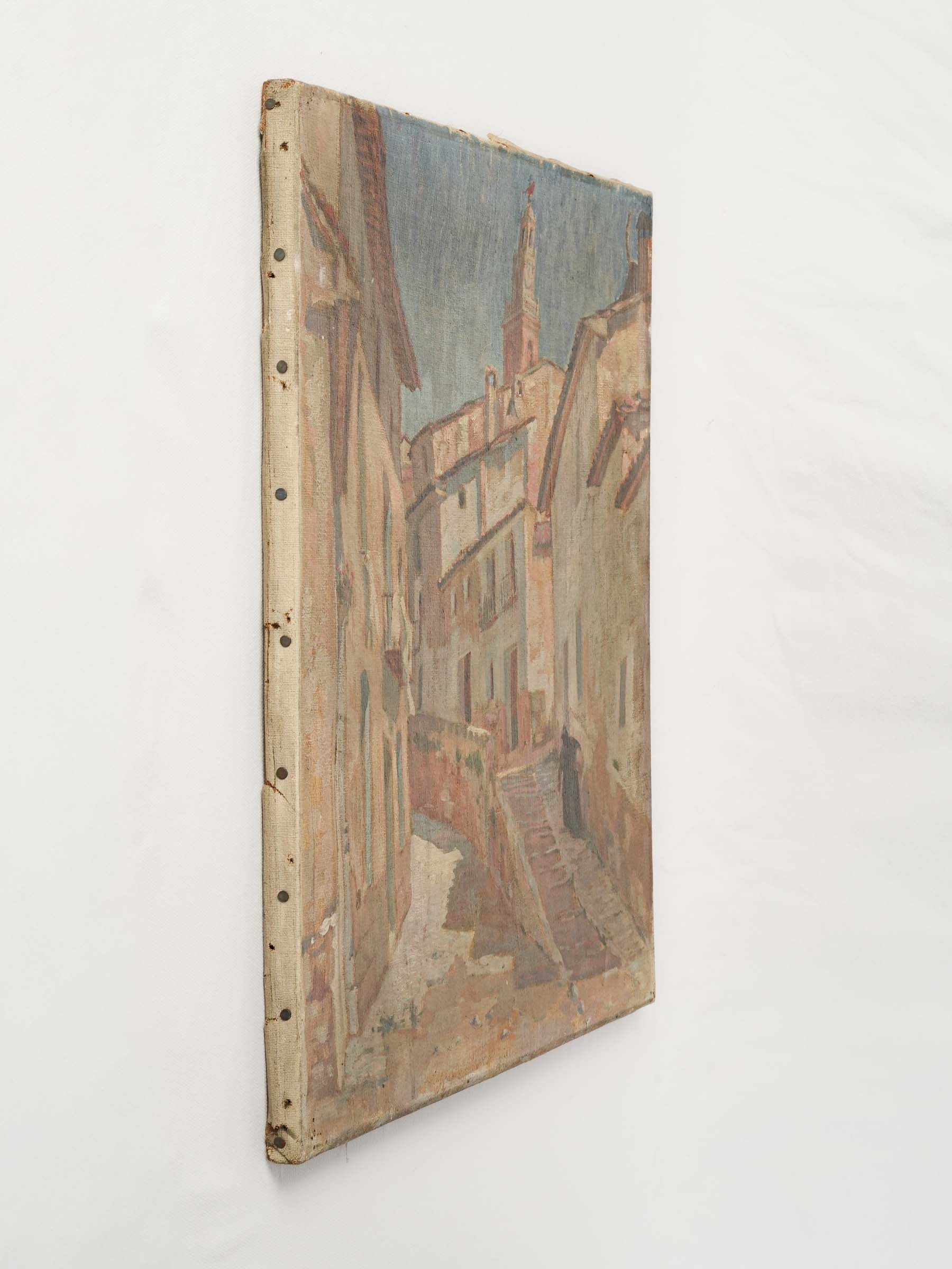 Southern French Village Street Scene - Early 20th-Century Oil on Canvas - 21¾" x 18"
