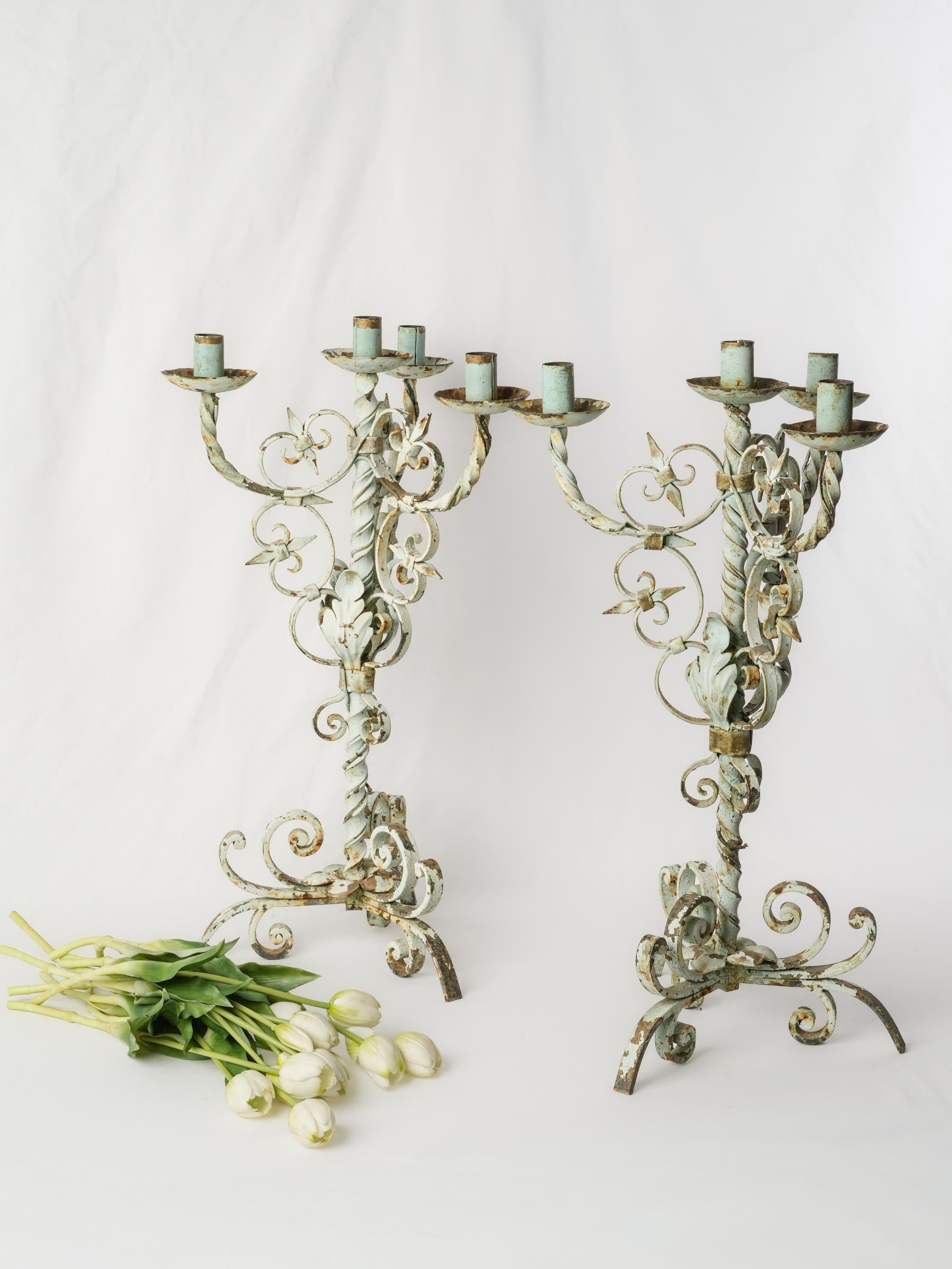 Pair of Large French Wrought-Iron Candelabra, Early 20th Century - 25¼"