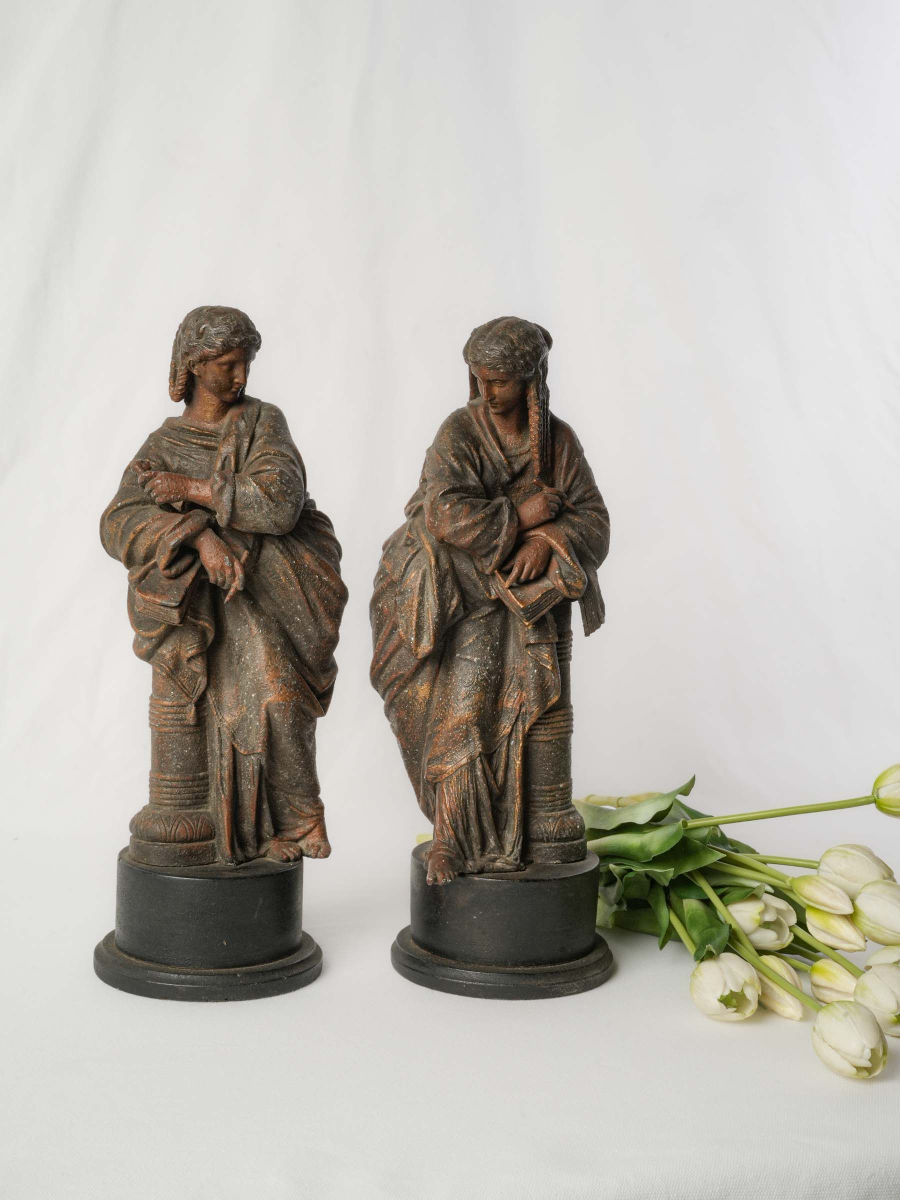 Pair of 19th-Century French Neoclassical Patinated Metal Figures of the Muses - 15¾"