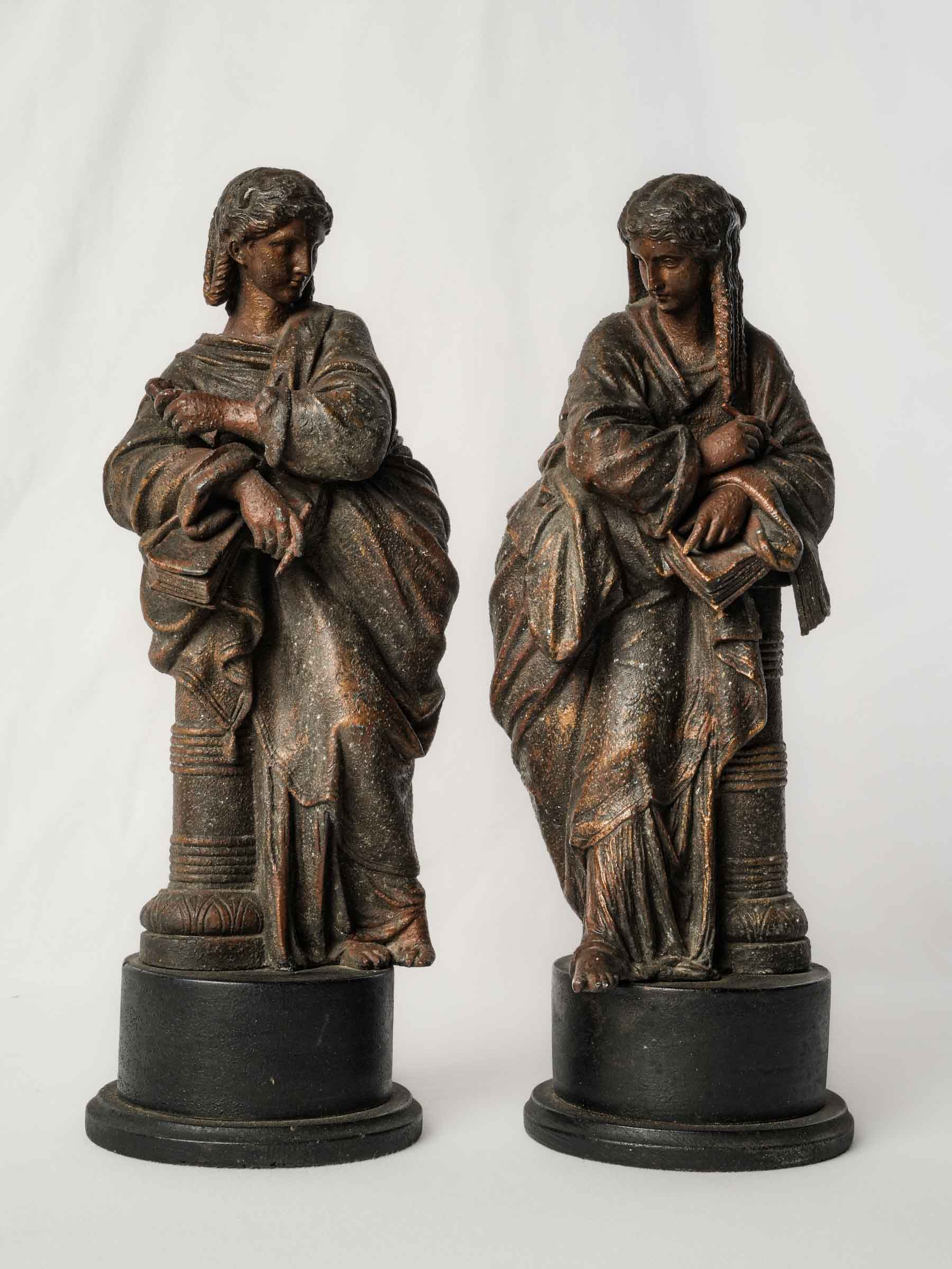 Pair of 19th-Century French Neoclassical Patinated Metal Figures of the Muses - 15¾"