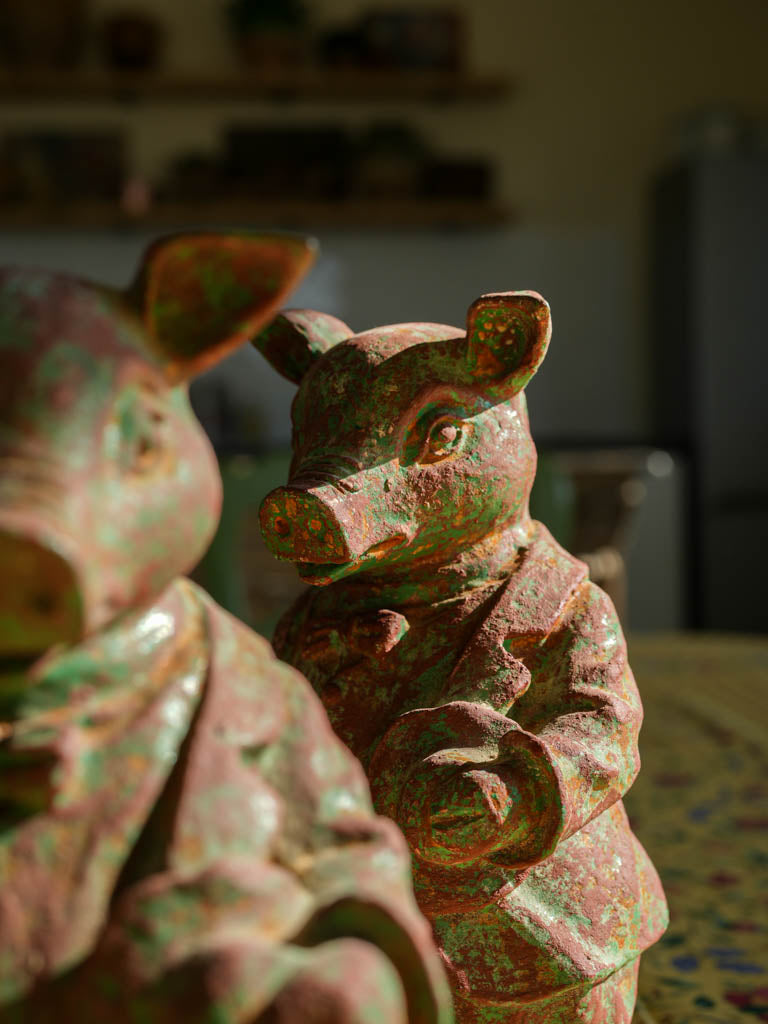 Pair of Cast Iron Dressed Pig Figurines - 10¼"