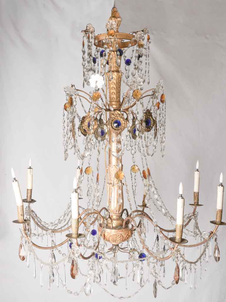 Two exceptional large antique Italian chandeliers w/ clear blue & amber pendants