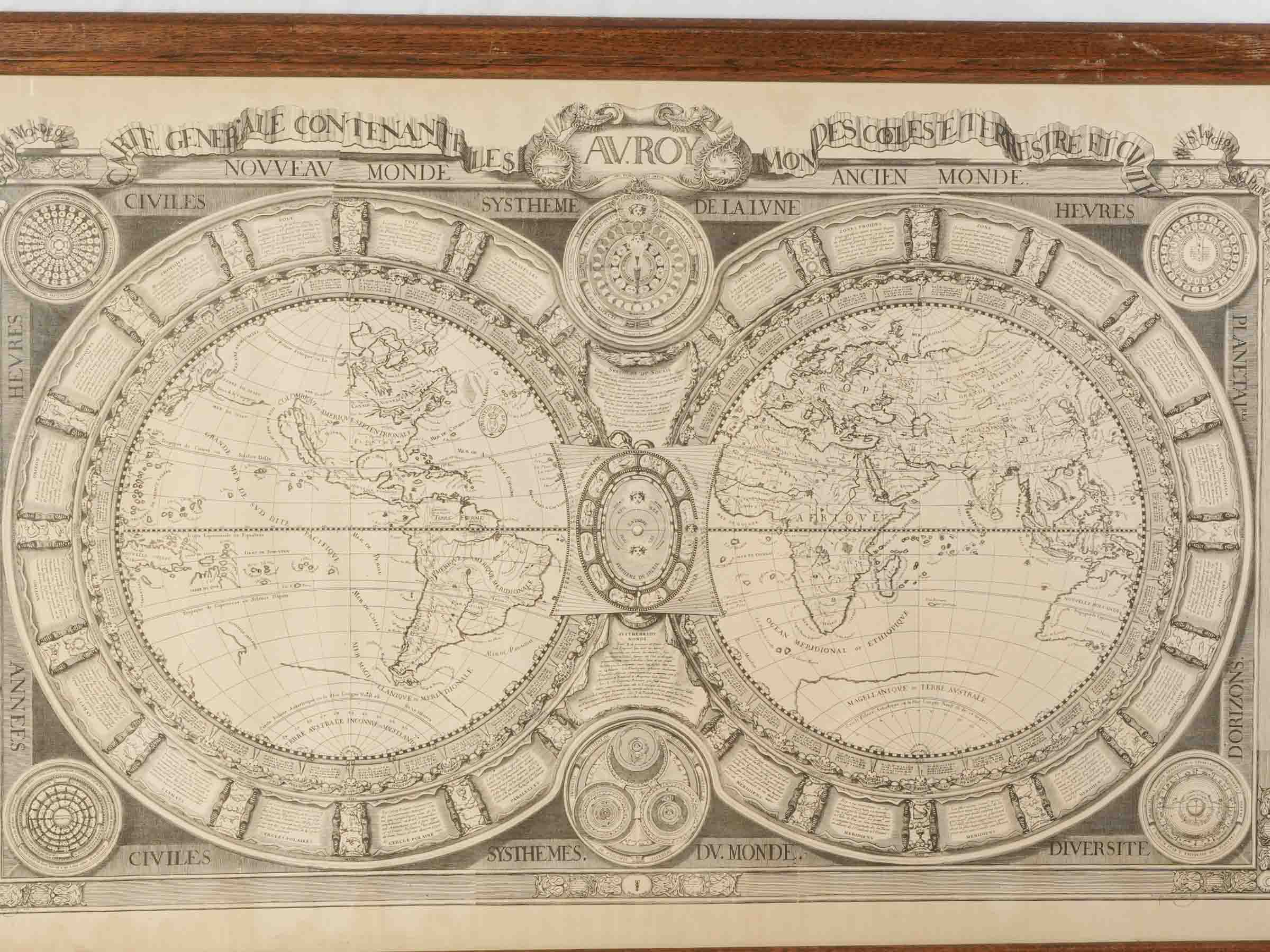Large Framed French Planisphere Print – The Known World in 1688 - 27¼" x 41¾"