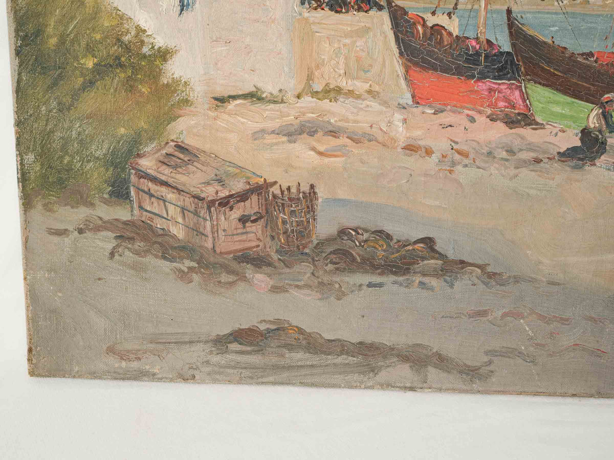 Colorful seaside scene, French oil  