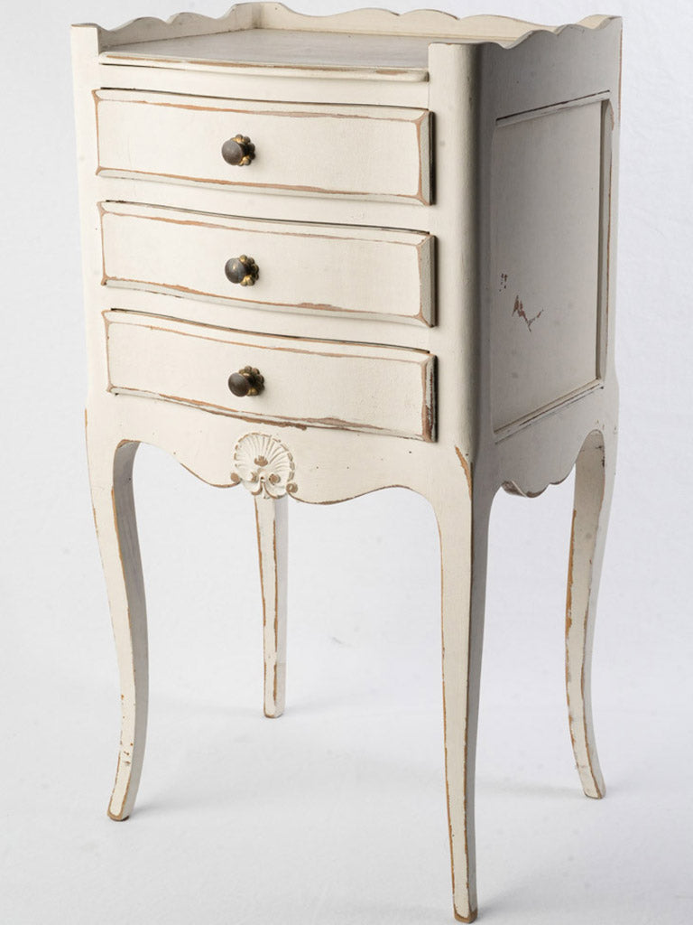 Charming 20th Century Three-Drawer Nightstand in Soft White Patina -28"