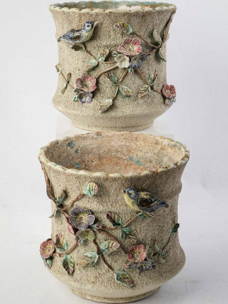 Pair of Early 20th Century French Majolica-Style Cachepots Planters w/ Floral & Bird Relief - 8¾"