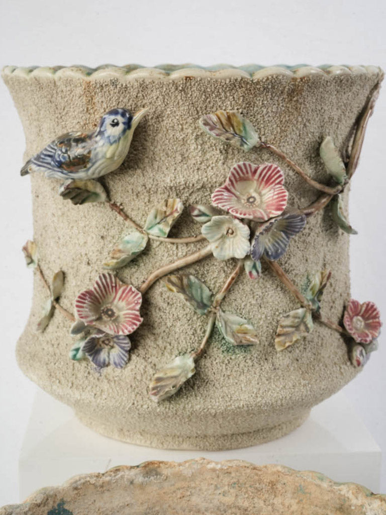 Pair of Early 20th Century French Majolica-Style Cachepots Planters w/ Floral & Bird Relief - 8¾"