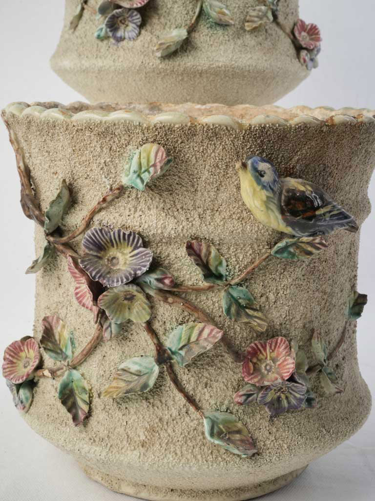 Pair of Early 20th Century French Majolica-Style Cachepots Planters w/ Floral & Bird Relief - 8¾"