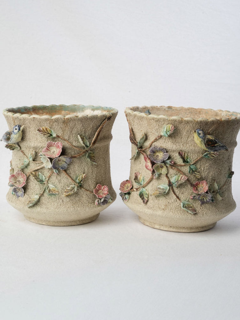 Pair of Early 20th Century French Majolica-Style Cachepots Planters w/ Floral & Bird Relief - 8¾"