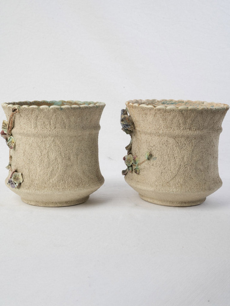 Pair of Early 20th Century French Majolica-Style Cachepots Planters w/ Floral & Bird Relief - 8¾"