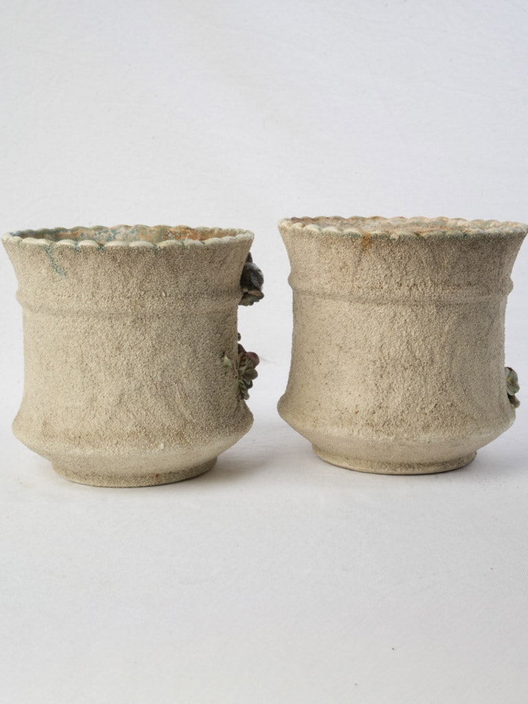 Pair of Early 20th Century French Majolica-Style Cachepots Planters w/ Floral & Bird Relief - 8¾"