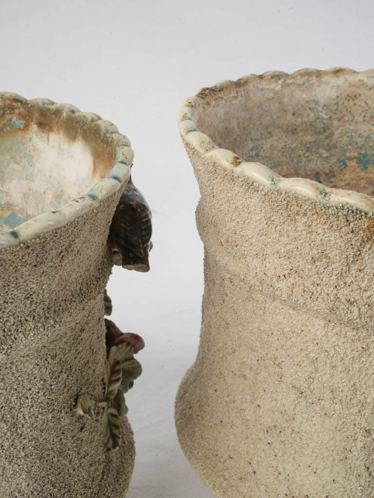 Pair of Early 20th Century French Majolica-Style Cachepots Planters w/ Floral & Bird Relief - 8¾"