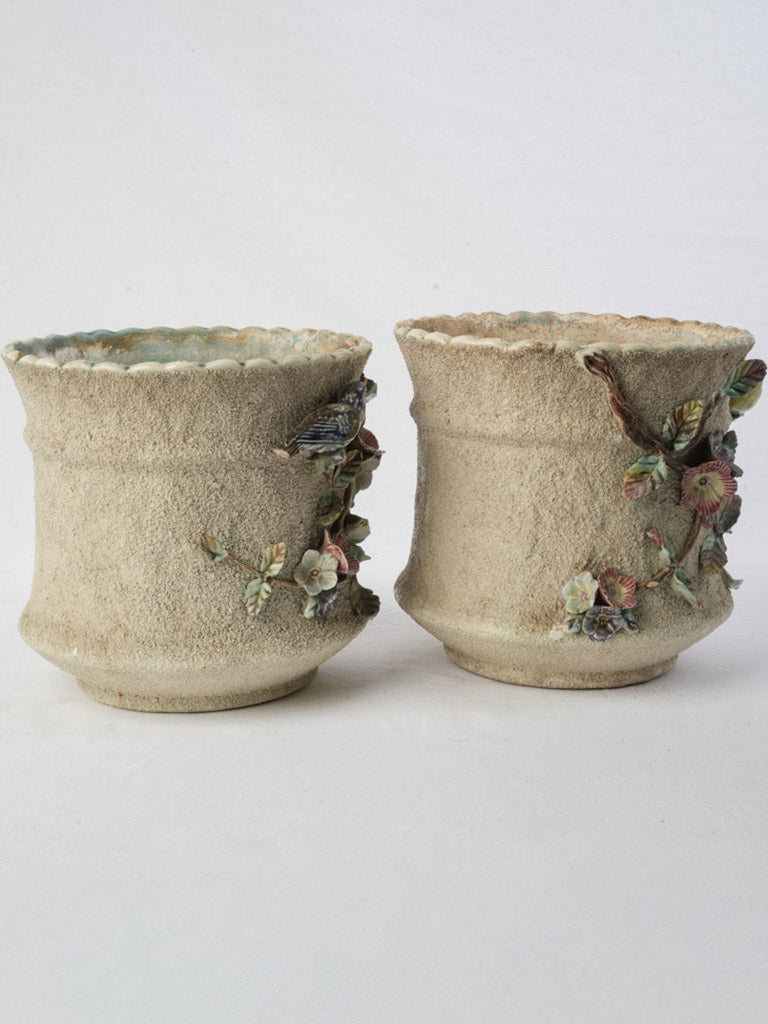 Pair of Early 20th Century French Majolica-Style Cachepots Planters w/ Floral & Bird Relief - 8¾"