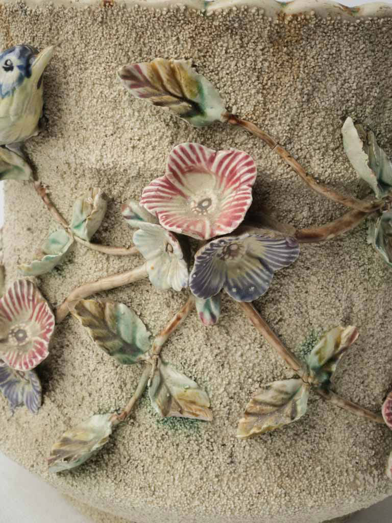 Pair of Early 20th Century French Majolica-Style Cachepots Planters w/ Floral & Bird Relief - 8¾"