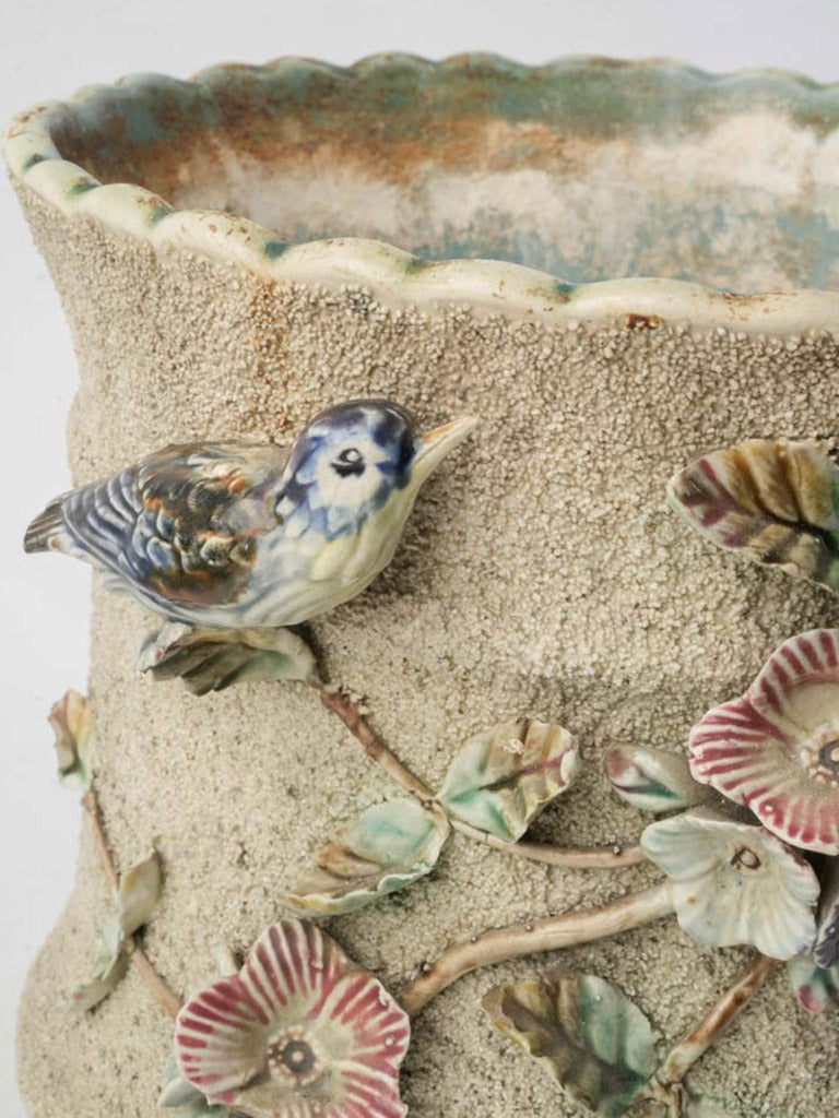 Pair of Early 20th Century French Majolica-Style Cachepots Planters w/ Floral & Bird Relief - 8¾"