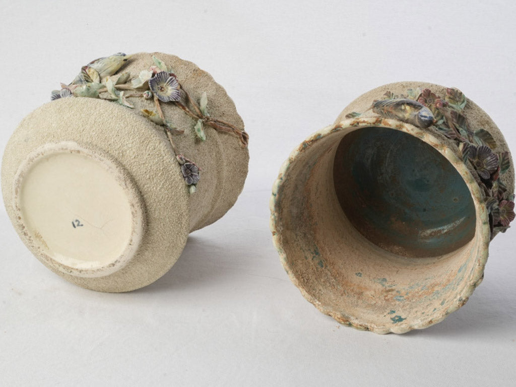 Pair of Early 20th Century French Majolica-Style Cachepots Planters w/ Floral & Bird Relief - 8¾"