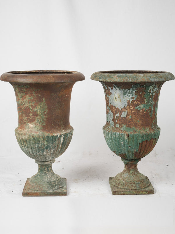 Antique French Medici urns, green patina