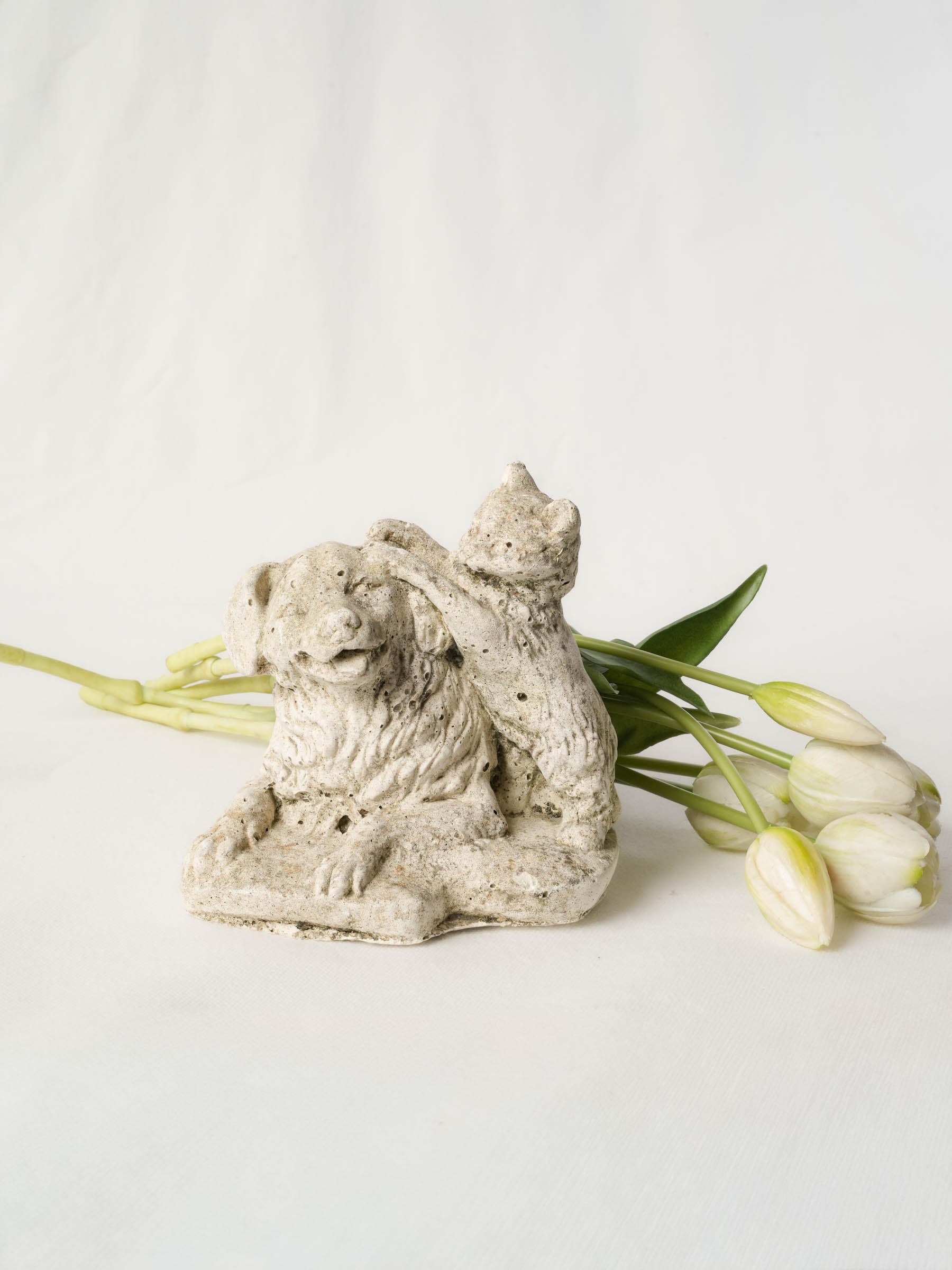Petite French Cat and Dog Vintage Garden Ornament in Concrete - 6¼"
