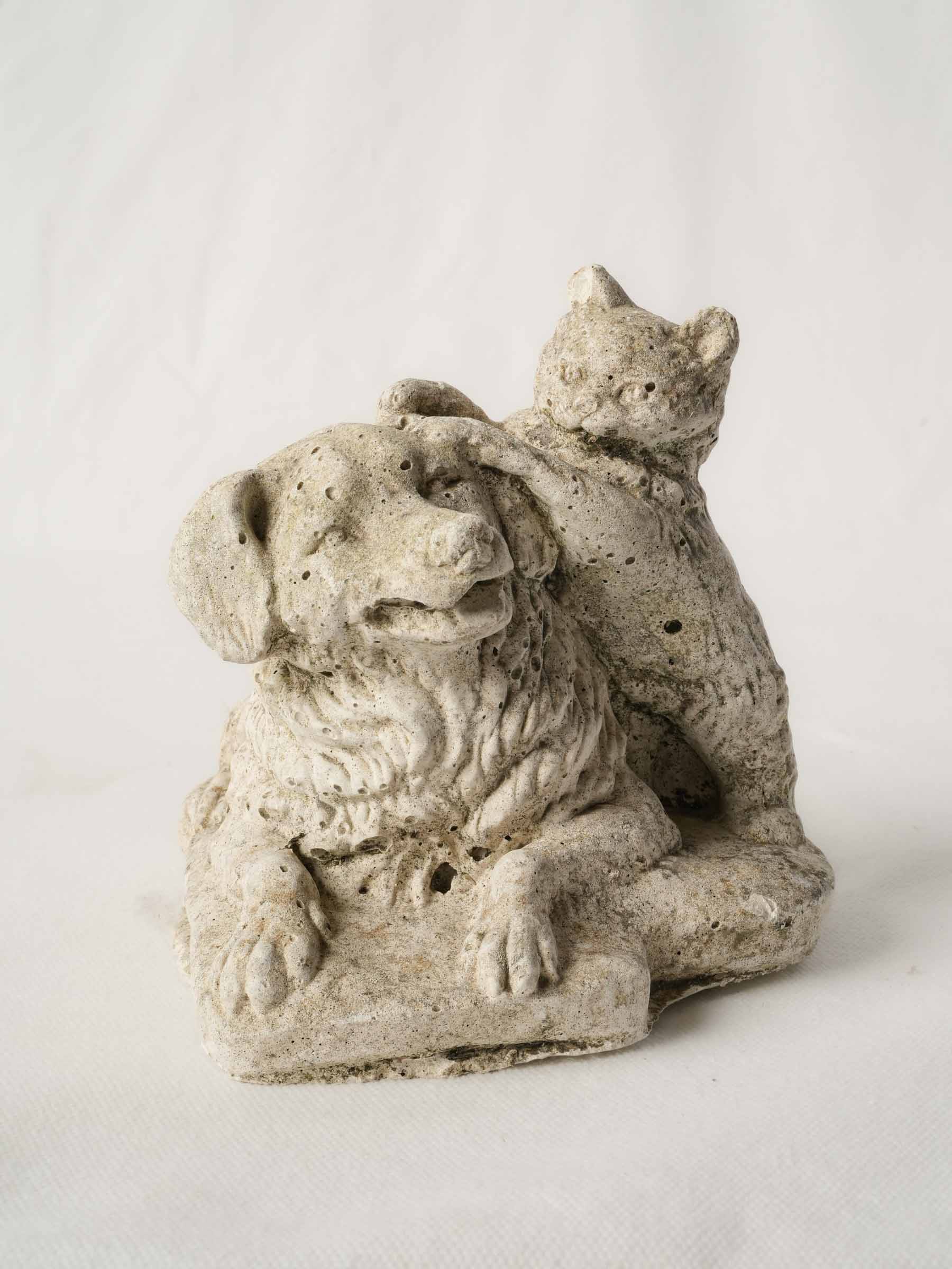 Petite French Cat and Dog Vintage Garden Ornament in Concrete - 6¼"