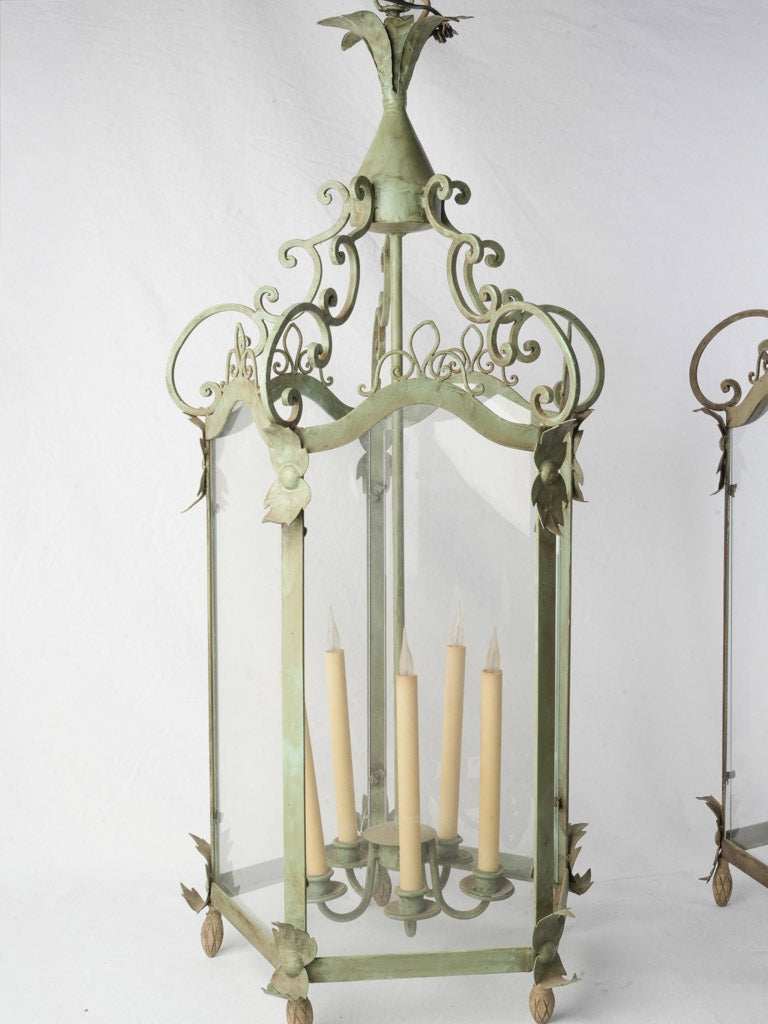 Sculptural Pair of  Vintage Wrought Iron Lanterns in Sage Green - 44" x 20½"