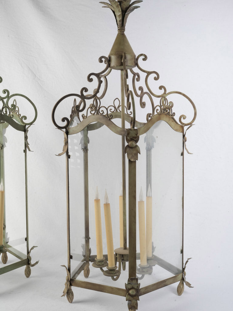 Sculptural Pair of  Vintage Wrought Iron Lanterns in Sage Green - 44" x 20½"