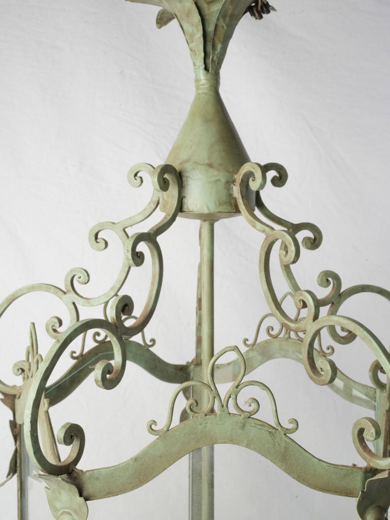 Sculptural Pair of  Vintage Wrought Iron Lanterns in Sage Green - 44" x 20½"