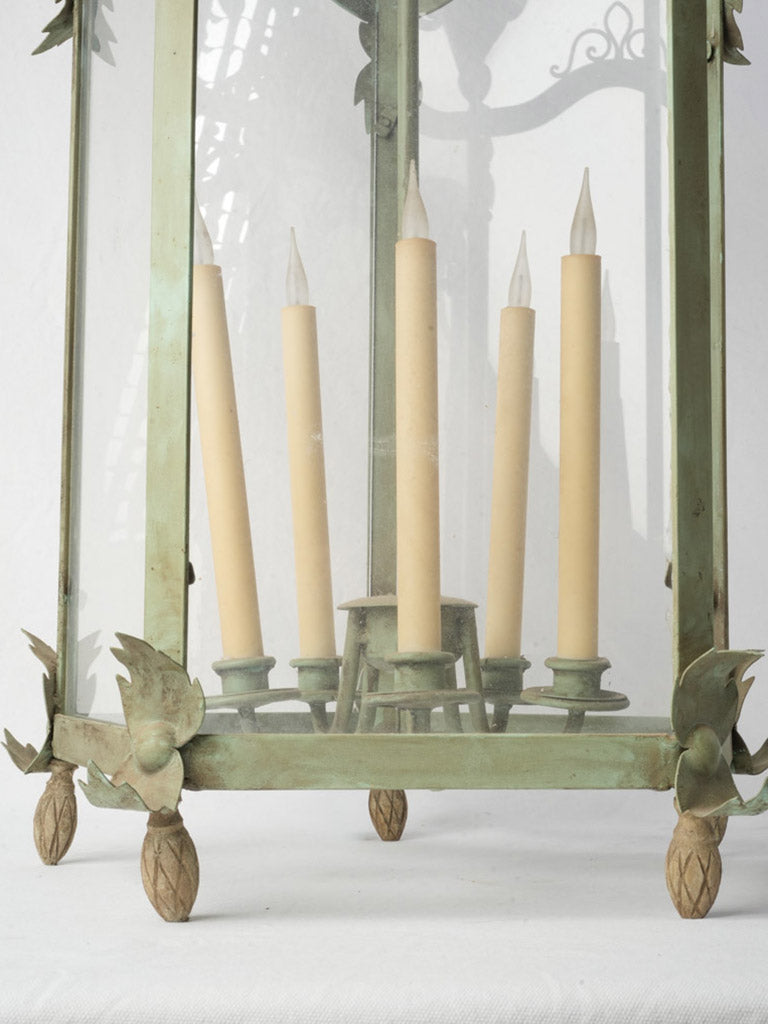 Sculptural Pair of  Vintage Wrought Iron Lanterns in Sage Green - 44" x 20½"