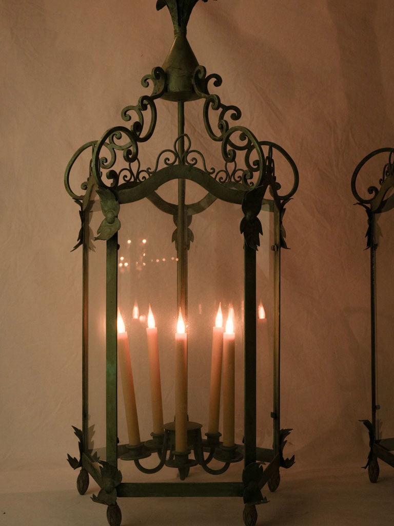 Sculptural Pair of  Vintage Wrought Iron Lanterns in Sage Green - 44" x 20½"