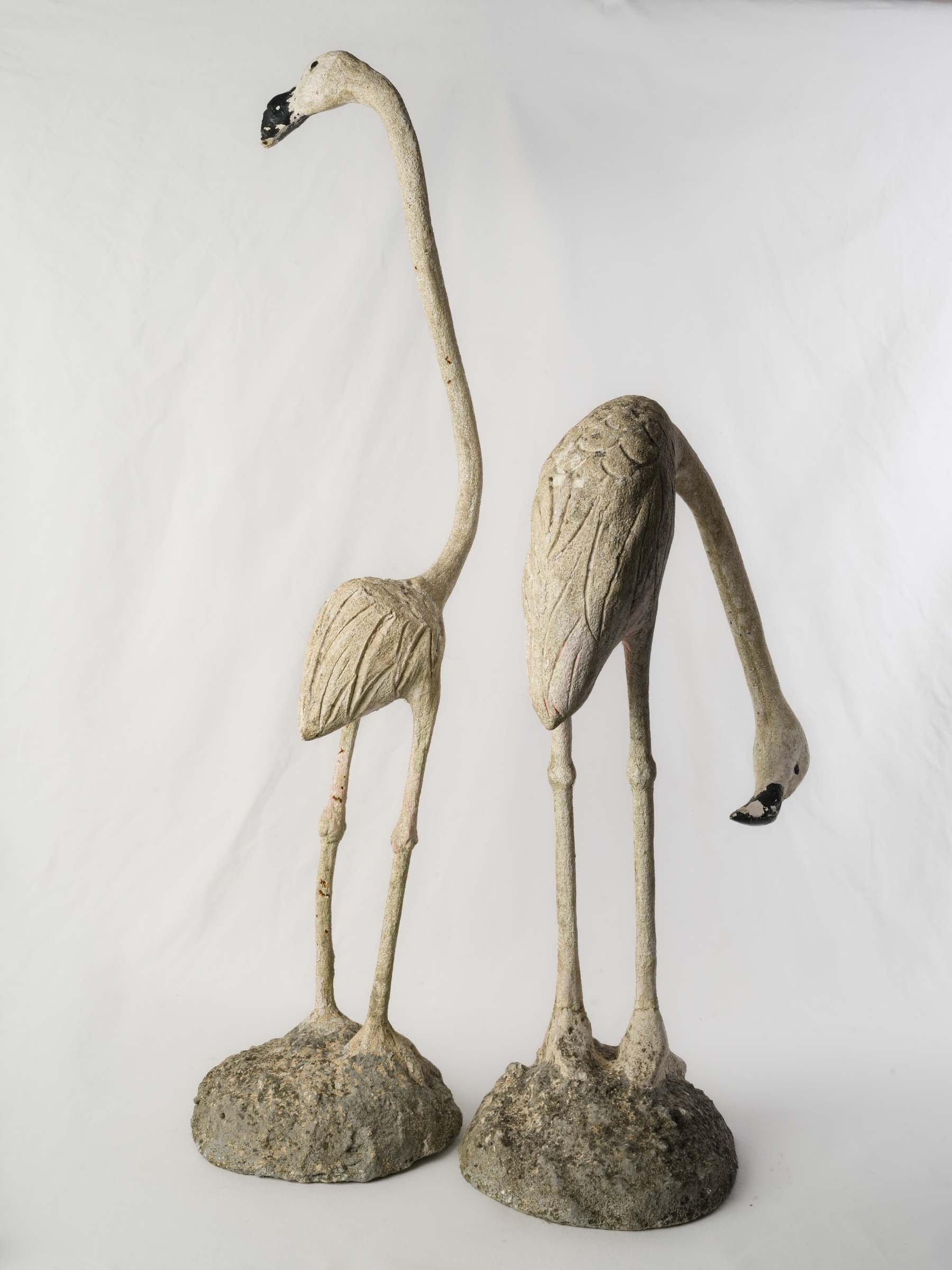 Pair of Tall Mid-Century French Concrete Flamingo Garden Statues