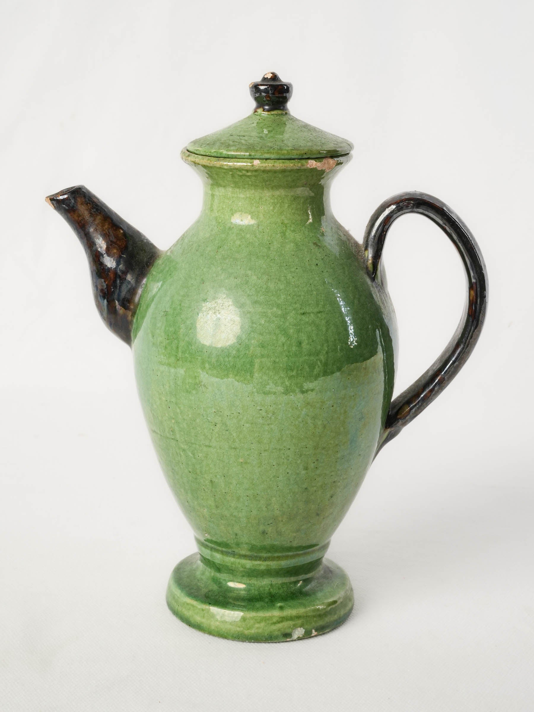 Antique French Green-Glazed Earthenware Coffee Pot, early 20th Century - 10¼"